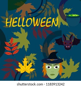 Halloween autumn fallen leaves mask witches bat vector