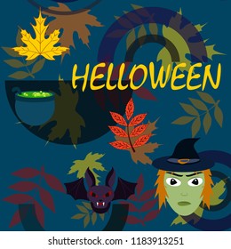 Halloween autumn fallen leaves mask witches bat vector