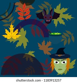 Halloween autumn fallen leaves mask witches bat vector