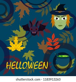 Halloween autumn fallen leaves mask witches bat vector