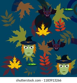 Halloween autumn fallen leaves mask witches bat vector