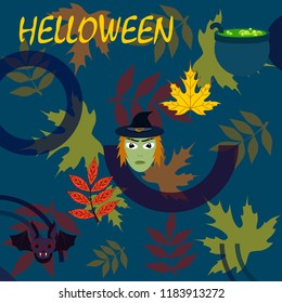 Halloween autumn fallen leaves mask witches bat vector