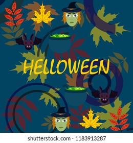 Halloween autumn fallen leaves mask witches bat vector