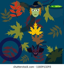 Halloween autumn fallen leaves mask witches bat vector