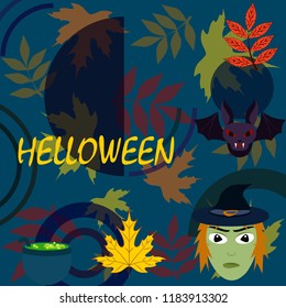 Halloween autumn fallen leaves mask witches bat vector