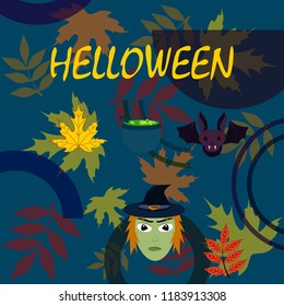 Halloween autumn fallen leaves mask witches bat vector