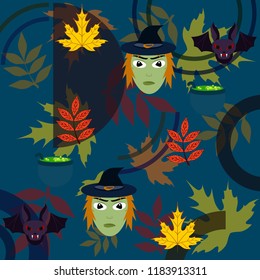 Halloween autumn fallen leaves mask witches bat vector