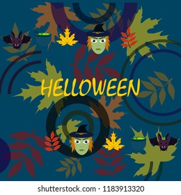 Halloween autumn fallen leaves mask witches bat vector