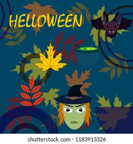 Halloween autumn fallen leaves mask witches bat vector