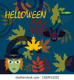 Halloween autumn fallen leaves mask witches bat vector