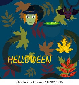 Halloween autumn fallen leaves mask witches bat vector