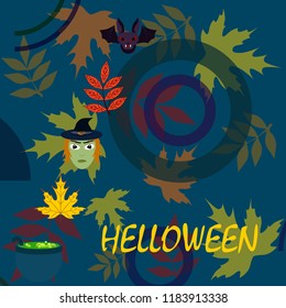 Halloween autumn fallen leaves mask witches bat vector