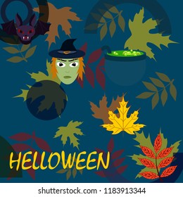 Halloween autumn fallen leaves mask witches bat vector