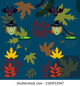 Halloween autumn fallen leaves mask witches bat vector