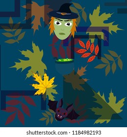 Halloween autumn fallen leaves mask witches bat vector