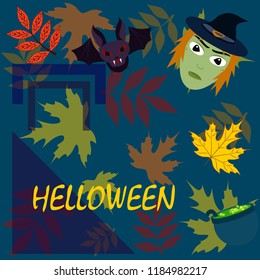 Halloween autumn fallen leaves mask witches bat vector