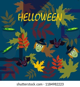 Halloween autumn fallen leaves mask witches bat vector