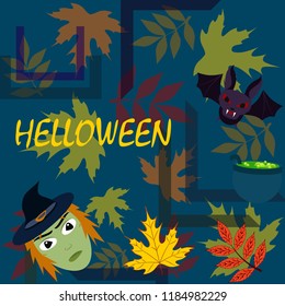 Halloween autumn fallen leaves mask witches bat vector