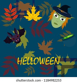 Halloween autumn fallen leaves mask witches bat vector