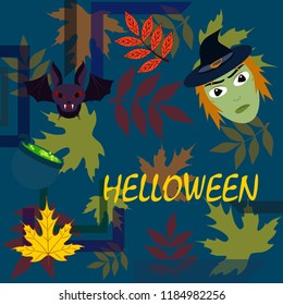Halloween autumn fallen leaves mask witches bat vector