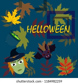 Halloween autumn fallen leaves mask witches bat vector