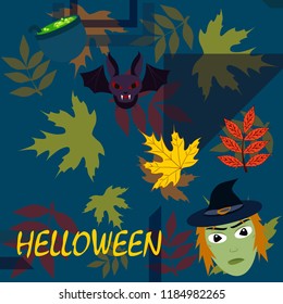 Halloween autumn fallen leaves mask witches bat vector