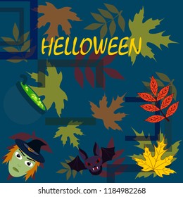 Halloween autumn fallen leaves mask witches bat vector
