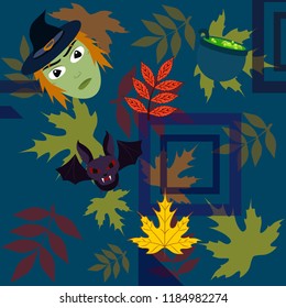 Halloween autumn fallen leaves mask witches bat vector