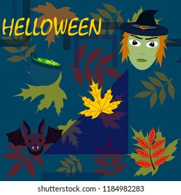 Halloween autumn fallen leaves mask witches bat vector