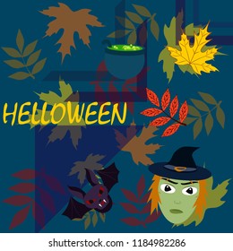 Halloween autumn fallen leaves mask witches bat vector