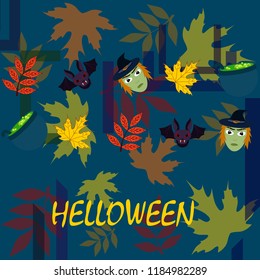 Halloween autumn fallen leaves mask witches bat vector