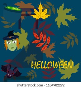 Halloween autumn fallen leaves mask witches bat vector
