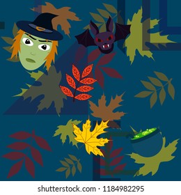 Halloween autumn fallen leaves mask witches bat vector