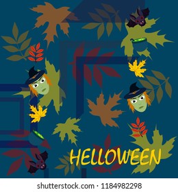 Halloween autumn fallen leaves mask witches bat vector