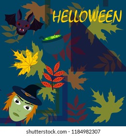Halloween autumn fallen leaves mask witches bat vector