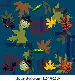 Halloween autumn fallen leaves mask witches bat vector