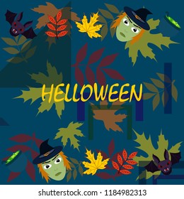 Halloween autumn fallen leaves mask witches bat vector