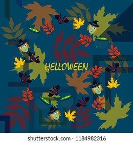 Halloween autumn fallen leaves mask witches bat vector