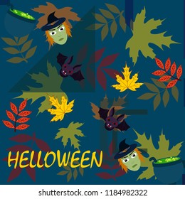 Halloween autumn fallen leaves mask witches bat vector