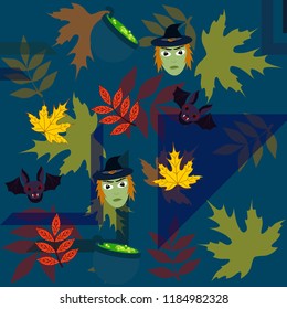 Halloween autumn fallen leaves mask witches bat vector