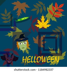 Halloween autumn fallen leaves mask witches bat vector