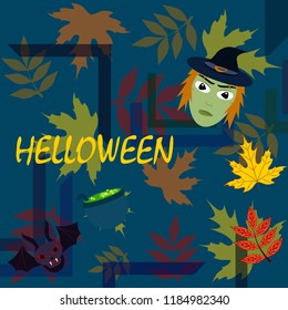 Halloween autumn fallen leaves mask witches bat vector