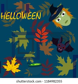 Halloween autumn fallen leaves mask witches bat vector