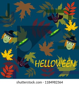 Halloween autumn fallen leaves mask witches bat vector