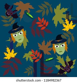 Halloween autumn fallen leaves mask witches bat vector