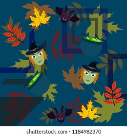 Halloween autumn fallen leaves mask witches bat vector