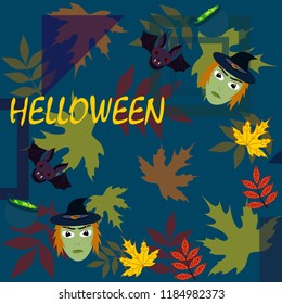 Halloween autumn fallen leaves mask witches bat vector