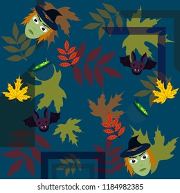 Halloween autumn fallen leaves mask witches bat vector