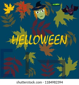 Halloween autumn fallen leaves mask witches bat vector