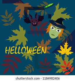 Halloween autumn fallen leaves mask witches bat vector